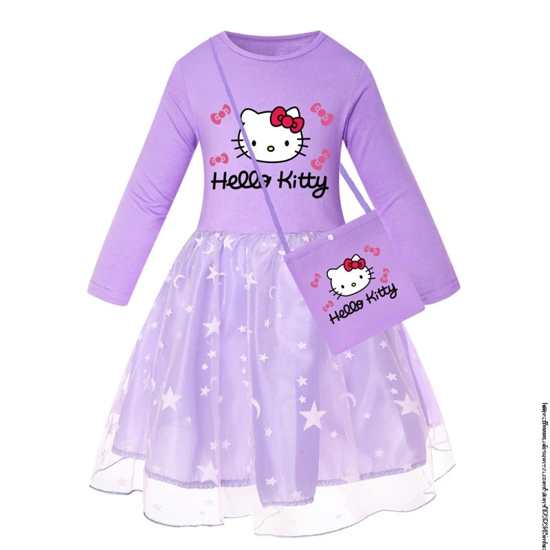 New Hello Kitty Kids Clothes Long Slevess Dresses Cotton Rainbow Full Dress Teen Cartoon Girl Clothing Party Clothes 2-7Years