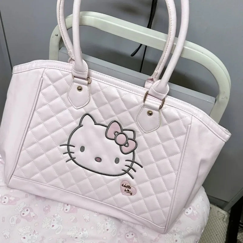 Pink Tote Bags for Women Hello Kitty Embroidery Cartoon Fashion Shoulder Bag Cute Large Capacity Kawaii Female New Handbag