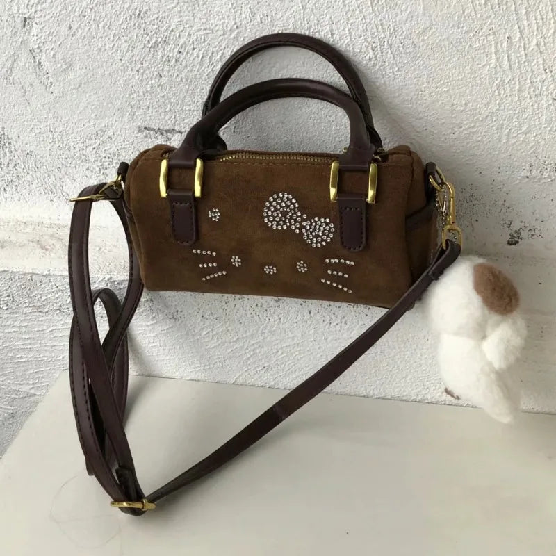 Y2k Hello Kitty Shoulder Bag for Women Vintage Cute Brown Barrel-shaped Handbag Fashion Kawaii New Female Aesthetic Bags