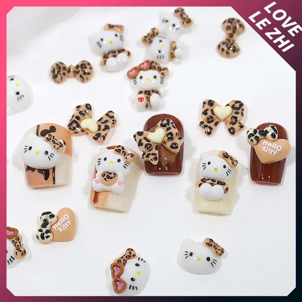 20 PCS Mixed Kawaii Leopard Print Hello Kitty Nail Art Decor Large Bow Sunglasses Heart Resin Nail Art Charms Accessories Gifts