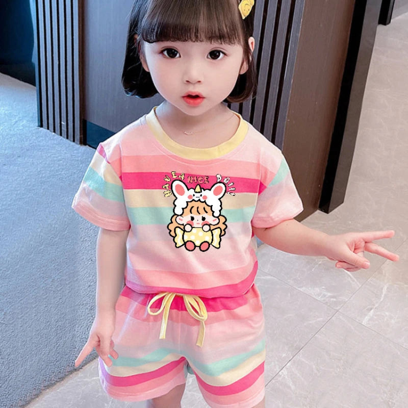 Cute Hello Kitty Summer Clothing Sets for Kids Baby Girls Outfits Children's Short Sleeve T Shirt + Elastic Waist Shorts 2pcs