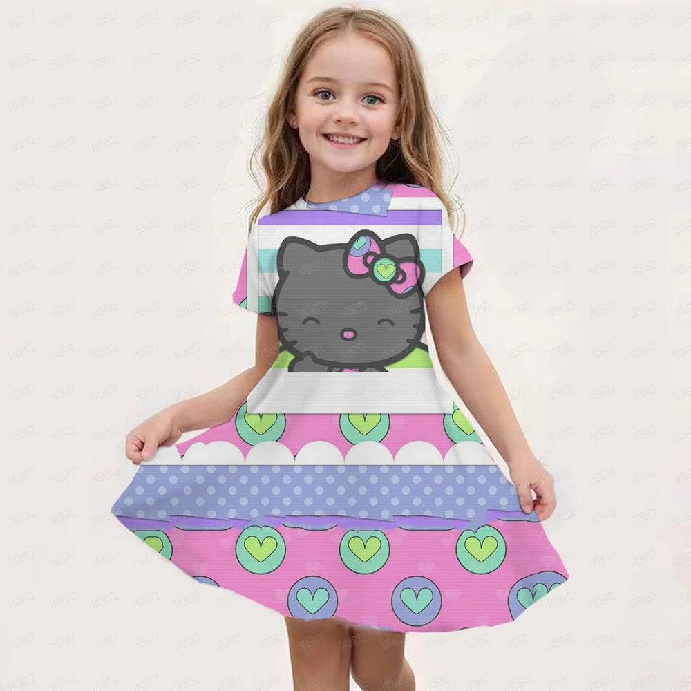 Hello kitty Kuromi Summer Dress Girl Dresses Children Dresses Miniso Cosplay 3d Cartoon Print Cute 2024 Girl Clothing Vestidos