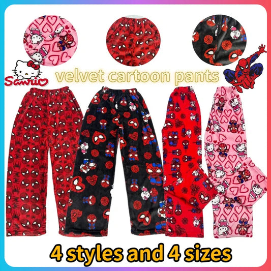 Animated Cartoon Winter Spider-Man Hello Kitty Coral Velvet Loose Pajamas Trousers Men And Women Cartoon Casual Wear