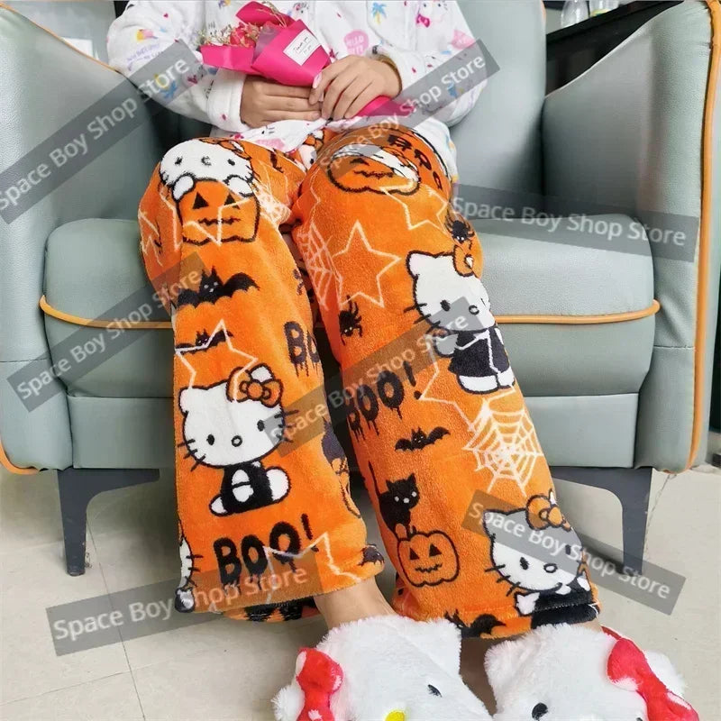 Hello Kitty Pajama Set Sanrio Pajama Pants Jacket Anime Fleece Double Elastic Fabric Soft Trousers Women Cartoon Birthday Gift