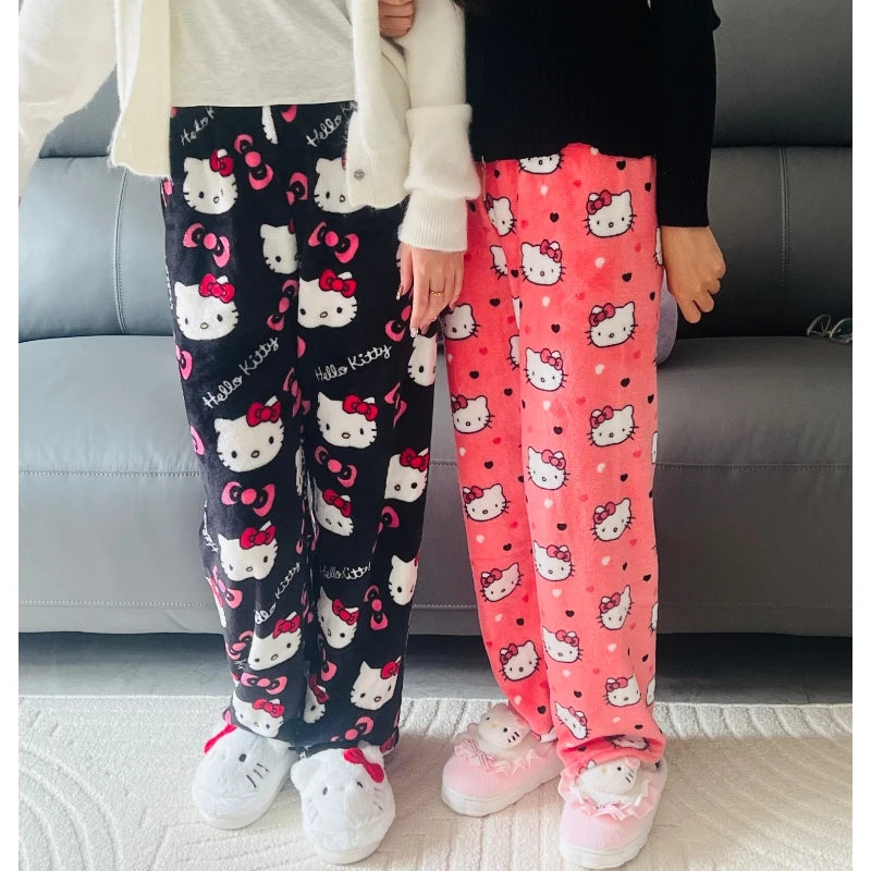 Sanrio Hello Kitty Pajamas Pants Black Pink Anime Flannel Women Warm Woolen White Cartoon Casual Home Pant Autumn Grils Trousers