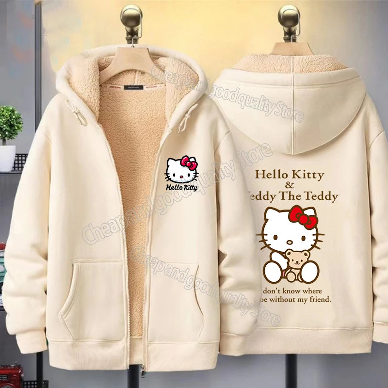 Hello Kitty Women's Zipper Hoodie Autumn and Winter New Cute Kawaii Pattern Sweatshirt Streetwear Girl Lady Clothing Coat