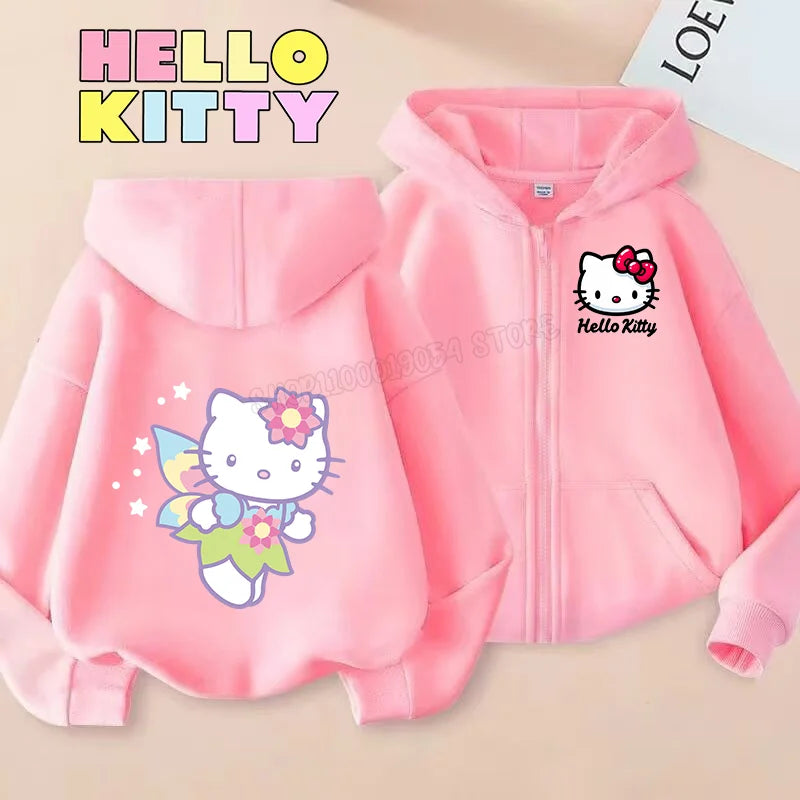 Hello Kitty Zipper Hoodies Girls Sweatshirt Autumn and Winter Long Sleeve Harajuku Pullovers Casual Hooded Tops Birthday Gift