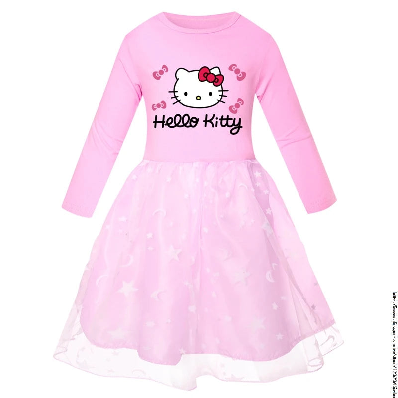 New Hello Kitty Kids Clothes Long Slevess Dresses Cotton Rainbow Full Dress Teen Cartoon Girl Clothing Party Clothes 2-7Years