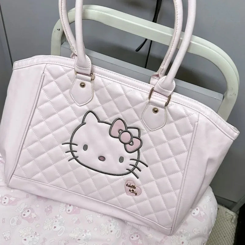 Pink Tote Bags for Women Hello Kitty Embroidery Cartoon Fashion Shoulder Bag Cute Large Capacity Kawaii Female New Handbag