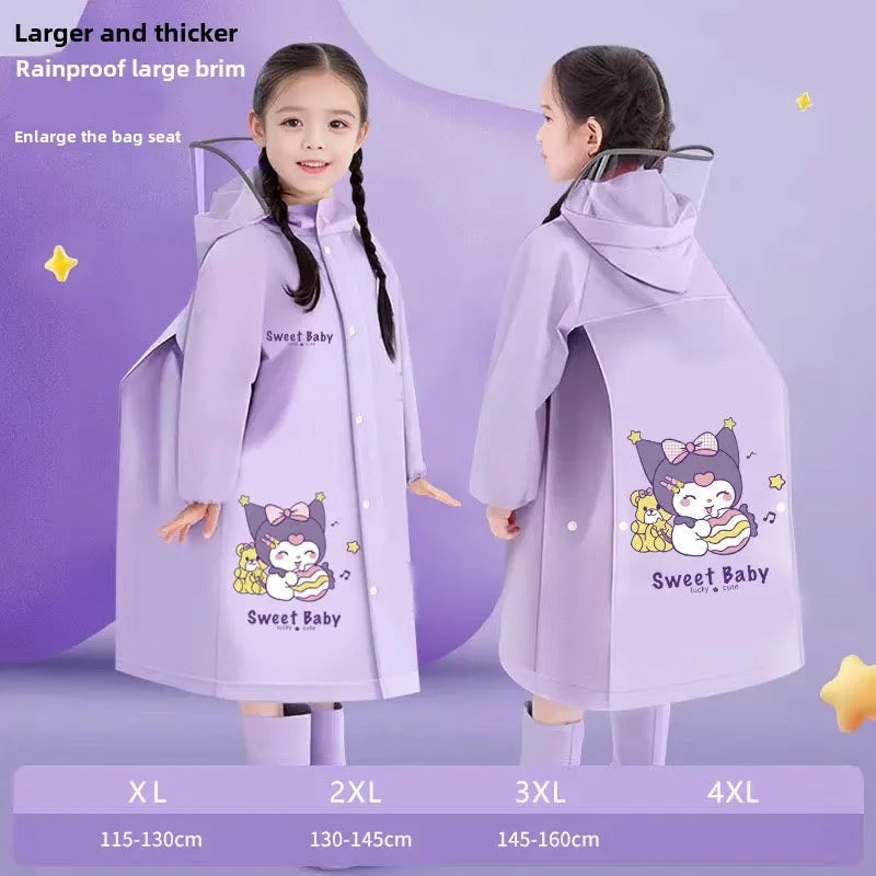 Cartoon kuromi children's raincoat for students going to school with school bag, cute anime raincoat outdoor waterproof