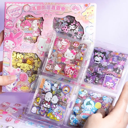 100PCS Hello Kitty Sticker Gift Box Cinnamoroll Melody Kuromi Sticker Gift Box Waterproof PET Sticker Toy Kids Gift