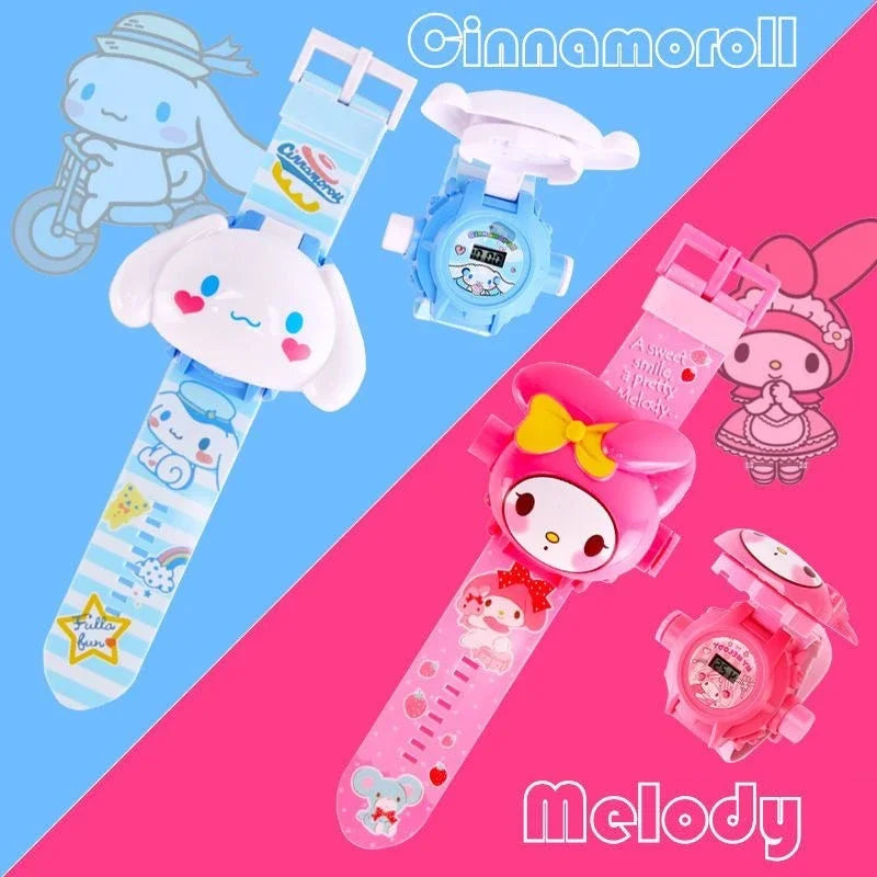 Hello Kitty Toys Set 24 Style 3D Projection Digital Watch Cinnamoroll Kuromi Melody Anime Action Figure Model Toy For Kid