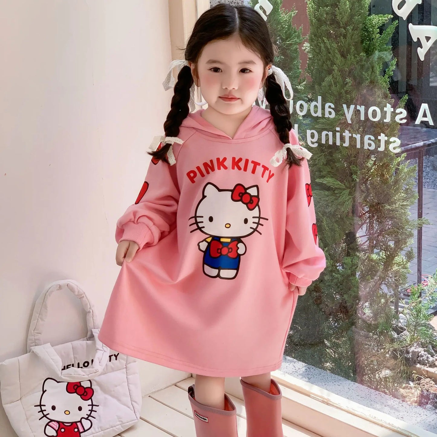 Hello Kittys Girl Hooded Sweatshirt Dress Anime Kawaii Cartoon Long Sleeves Autumn Winter Sportswear Child Clothing