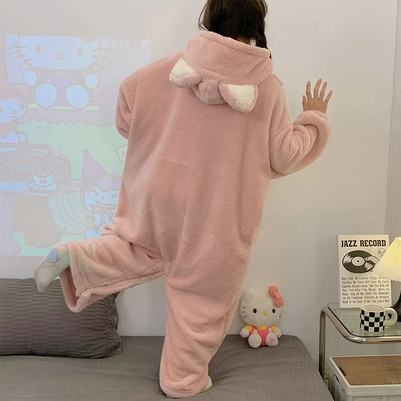 Hello Kitty winter new one-piece pajamas women's coral fleece hooded long-sleeved cartoon cute warm sweet loungewear