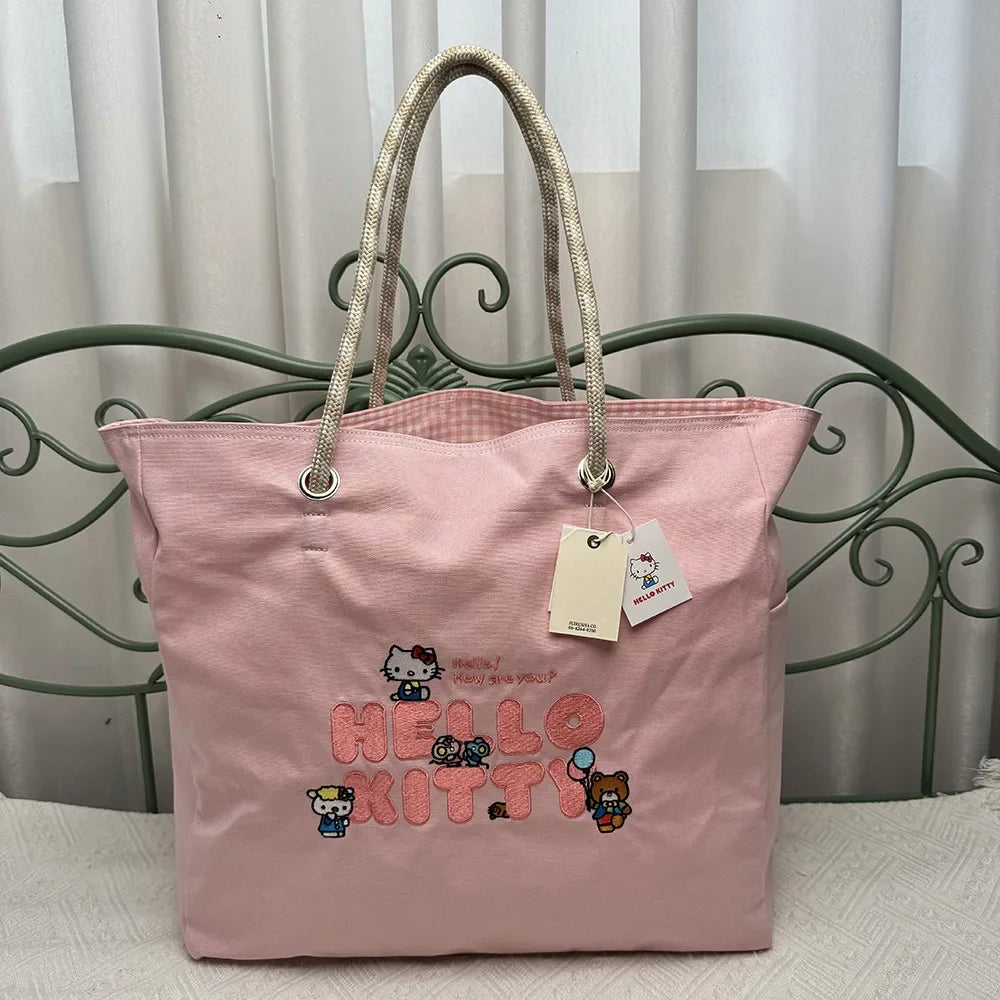 Hello kitty Pink Exquisite Embroidery Large Capacity Cartoon Handbag Cute Women's Cloth Bag Tote Storage Bag Top Quality Luxury