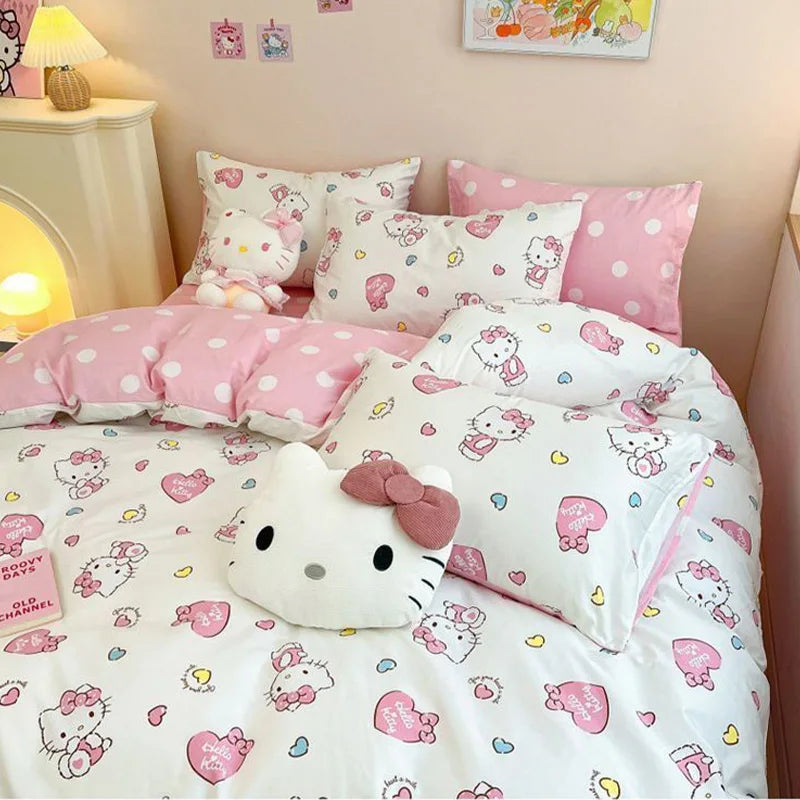 Hello Kitty 4Pcs/set Kawaii Anime Cartoon Bedding Quilt Cover Student Bedding Soft Microfiber Bedspread Lightweight Coverlet