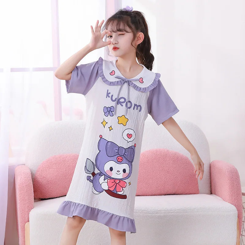 Girl's Summer Pajamas Hello Kitty Kuromi Children's Dress Pochacco Anime Cartoon House Clothing Short Sleeved Cute Skirt