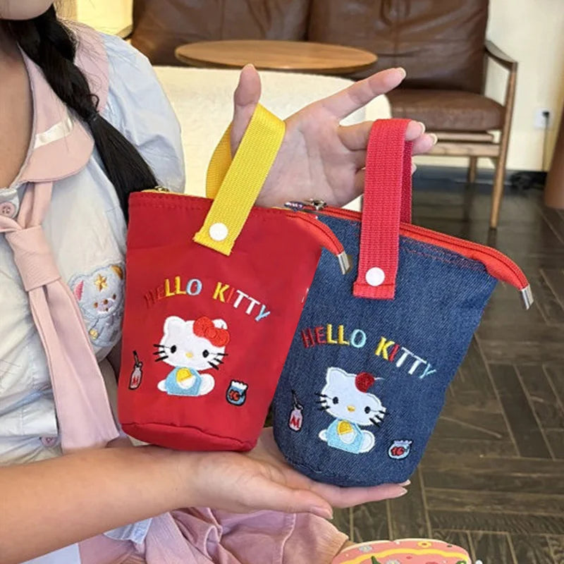 New Fashion Hello Kitty Embroidered Cowboy Pencil Bag Kawaii Striped Zipper Versatile Outward Handbag Exquisite Storage Bag Gift