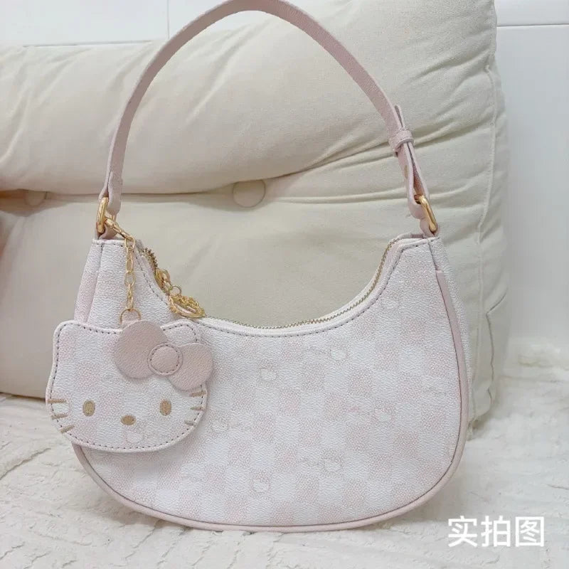 PU Leather Handbags Hello Kitty Purses Luxury Designer Tote Mini Size Underarm Bag Kawaii with Pendant and Zipper