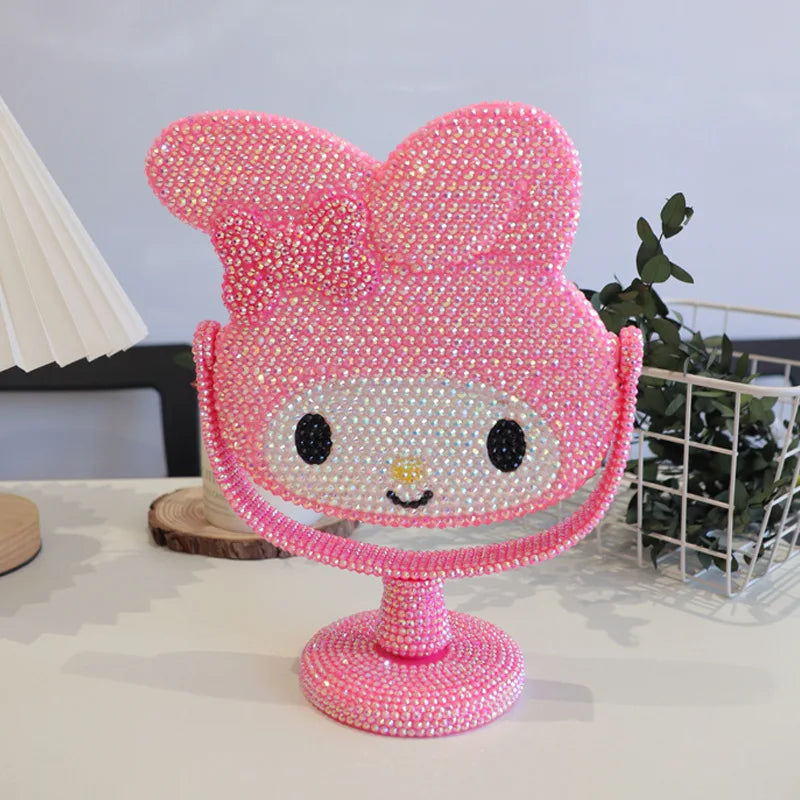 Hello Kitty Vanity Mirror Cartoon Shiny Rhinestones Beauty Handheld Mirror Diamond Pink Girls Flip Girl Gift