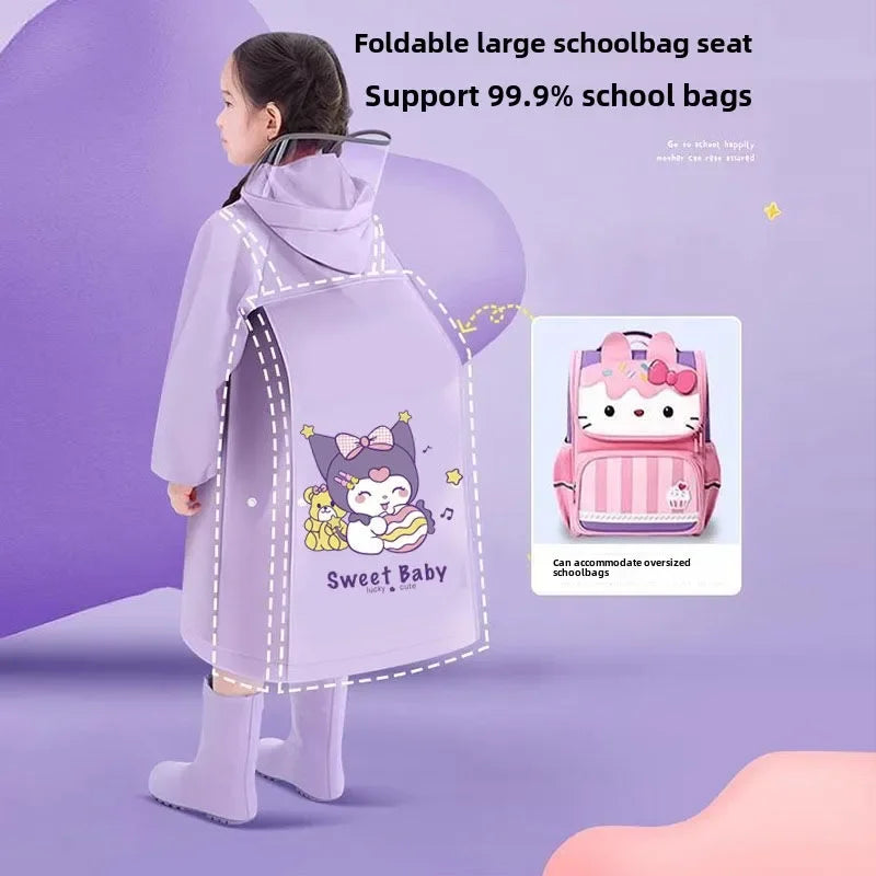 Cartoon kuromi children's raincoat for students going to school with school bag, cute anime raincoat outdoor waterproof