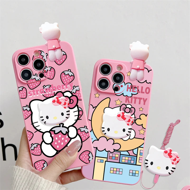 3D Hello Kitty Phone Holder Cartoon Case For iPhone 16 15 14 Plus 13 12 11 Pro Max Mini Toy With Strap Rope Lanyard Cover