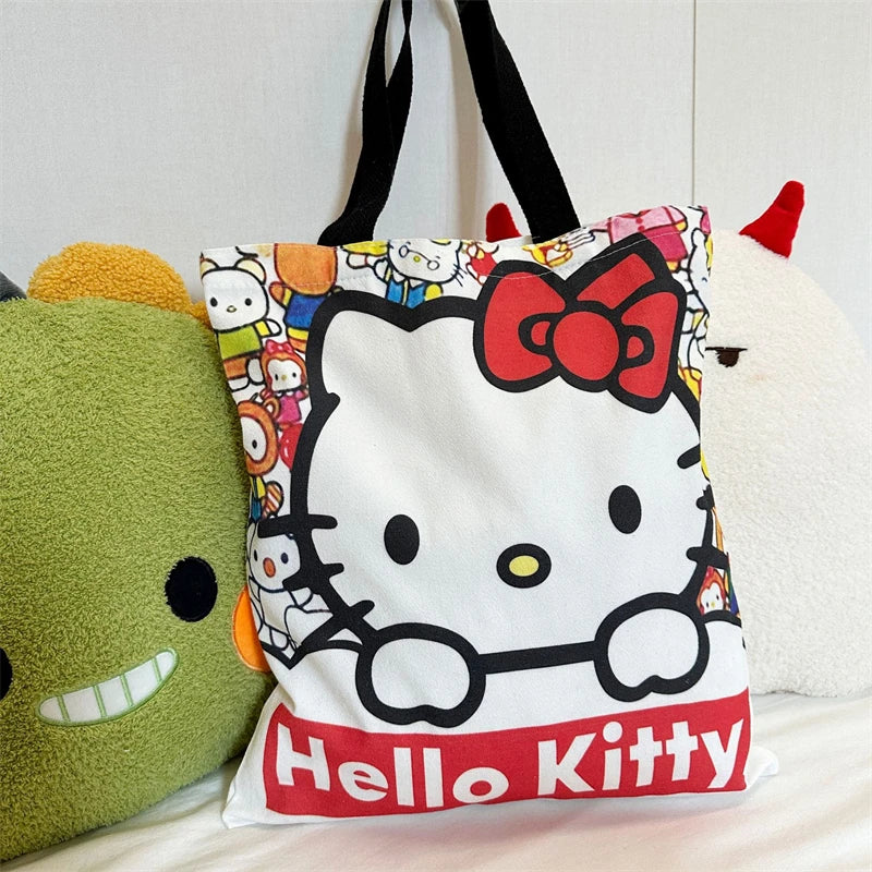 Hello Kitty Canvas Bag Kawaii Anime Student Portable Large Capacity Makeup Wash Commuting Cartoon Storage Bags Girls Gift