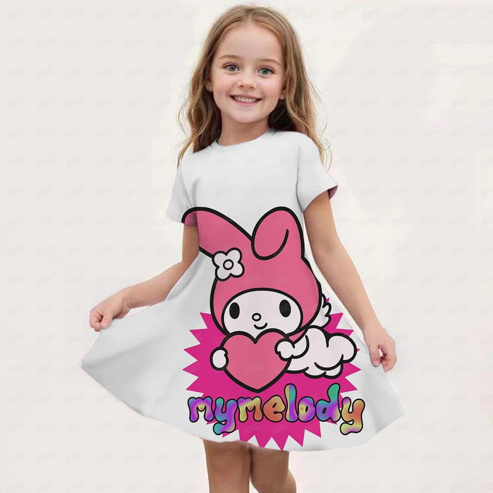 New Summer Girls Dress Fashion Cartoon Cute Cinnamoroll &Hello Kitty 3D Printing Dress Kid Short Sleeve Princess Clothing