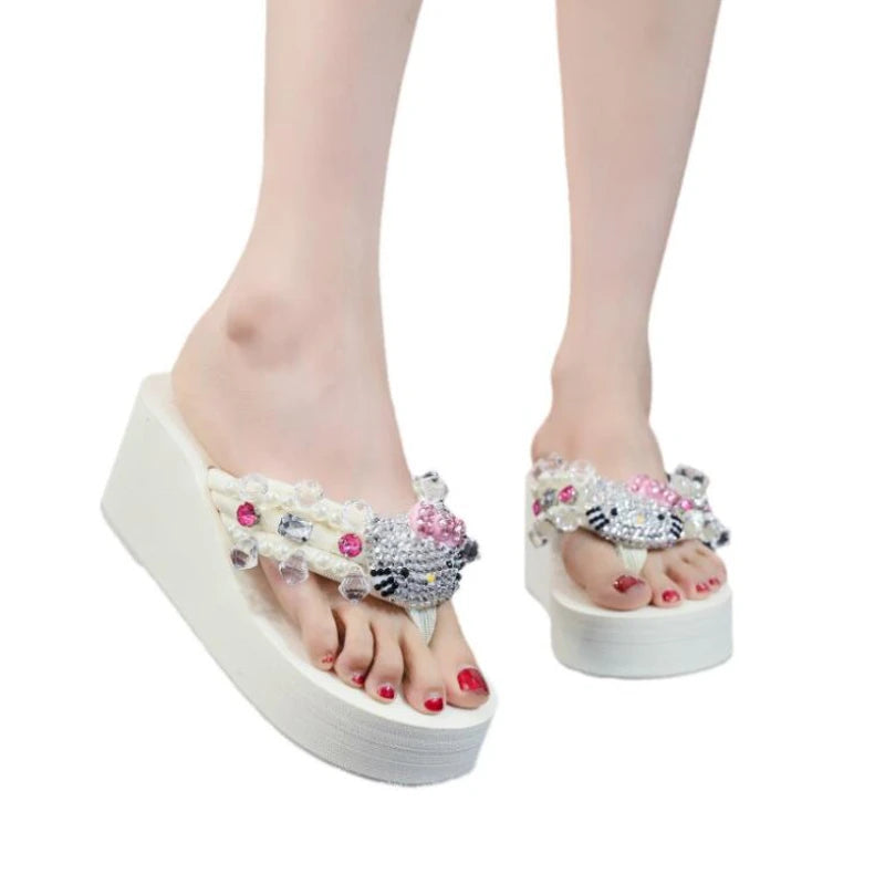 Kawaii Hello Kitty Soft Flip Flop Sandals Beach Slides Shoes Women Casual Wedge High Heels Platform Slippers Ladies