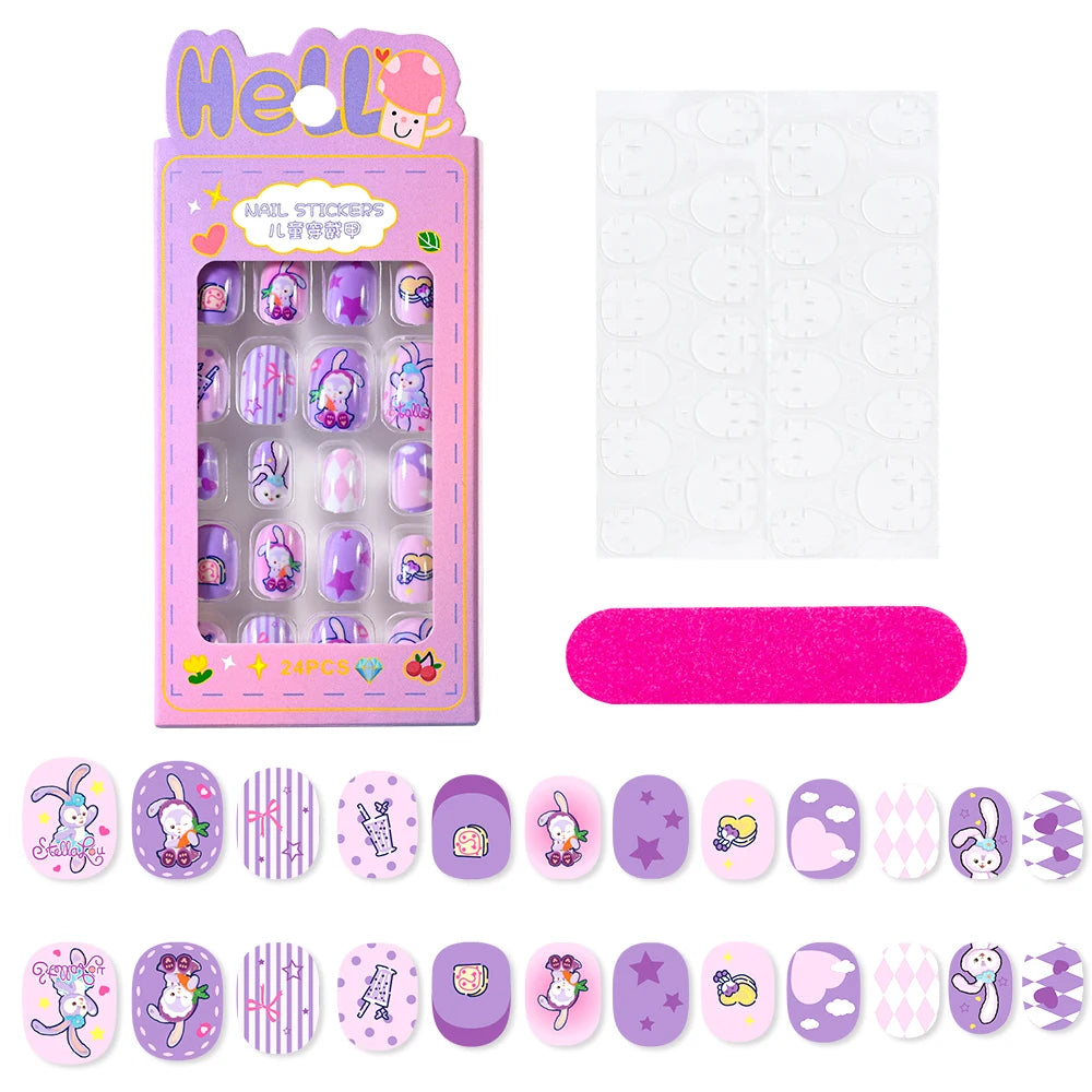 24Pcs Cartoon Hello Kitty Press on Nails Sanrio Series Pink/Blue/Purple Kuromi Kawaii Fake Nail for 6 years+ School Girl