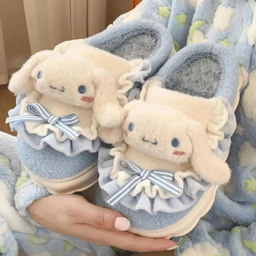 New Kuromi Hello Kitty Womens Slippers Sanrio My Melody Cinnamoroll Kawaii Cartoon Cute Indoor Outdoor Thick Sole Winter Slipper