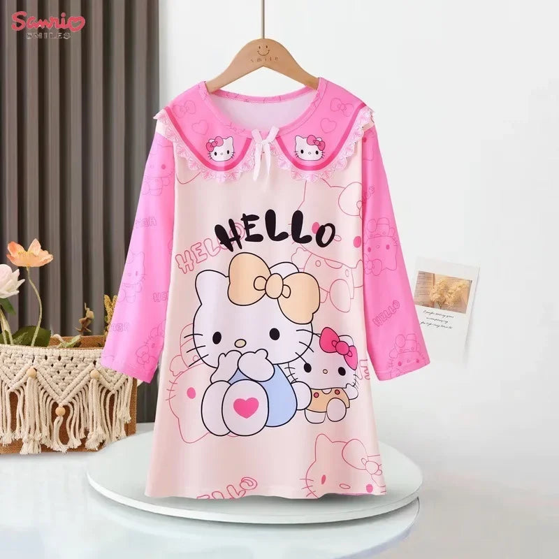 Hello Kitty Kuromi Children's Pajamas Dress Cinnamoroll My Melody Cartoon Baby Anime Kids Set Long Sleeved Skirt Girls