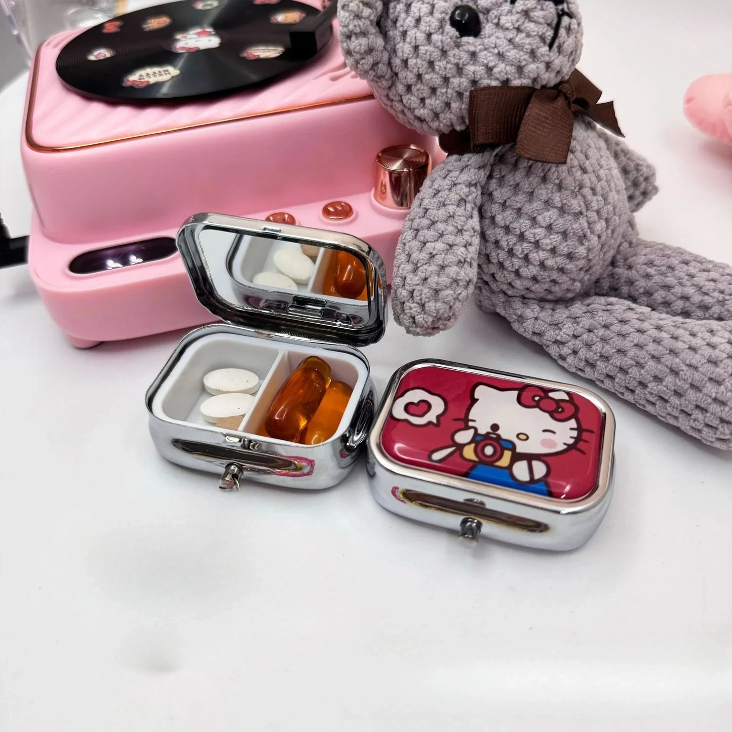 Hello Kitty Pill Case Anime Kuromi My Melody HD Mirror Subpackage Box Portable Travel Multi-Function Jewelry Storage Gift