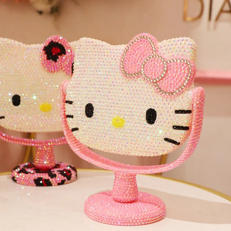 Hello Kitty Vanity Mirror Cartoon Shiny Rhinestones Beauty Handheld Mirror Diamond Pink Girls Flip Girl Gift