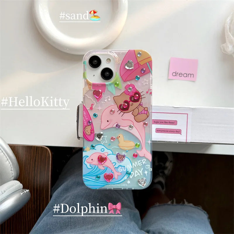 Hello Kitty Sunglasses Pink dolphin rhinestone Phone Case For iPhone 15 14 13 12 11 Pro Max case cute cartoon Sweet Cover