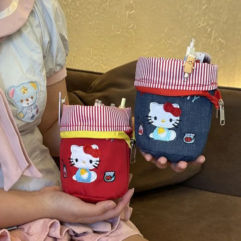 New Fashion Hello Kitty Embroidered Cowboy Pencil Bag Kawaii Striped Zipper Versatile Outward Handbag Exquisite Storage Bag Gift