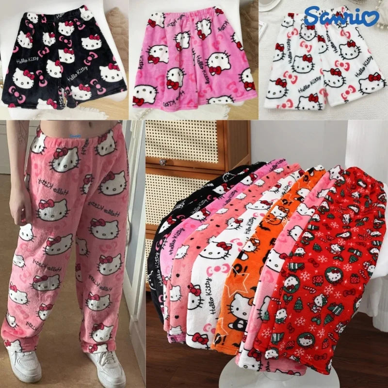 Anime Sanrioed HelloKitty Y2k Sanrioed Pajamas Pants Women Pjs Halloween Household Dress Kawaii Woolen Cartoon Casual Home Pants