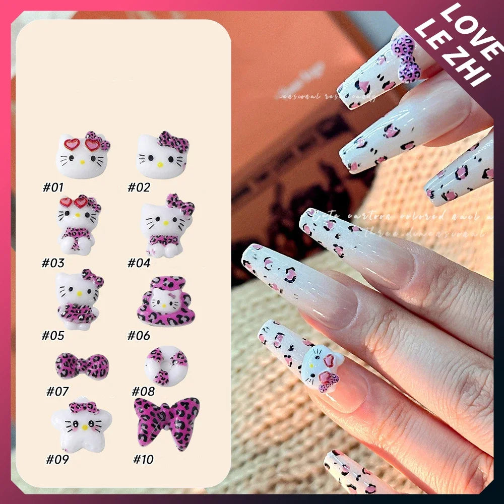 20 PCS Cartoon Leopard Print Hello Kitty Nail Tips Charms Ornament Acrylic Diy Sunglasses Bowknot Party Sticker Nail Accessories