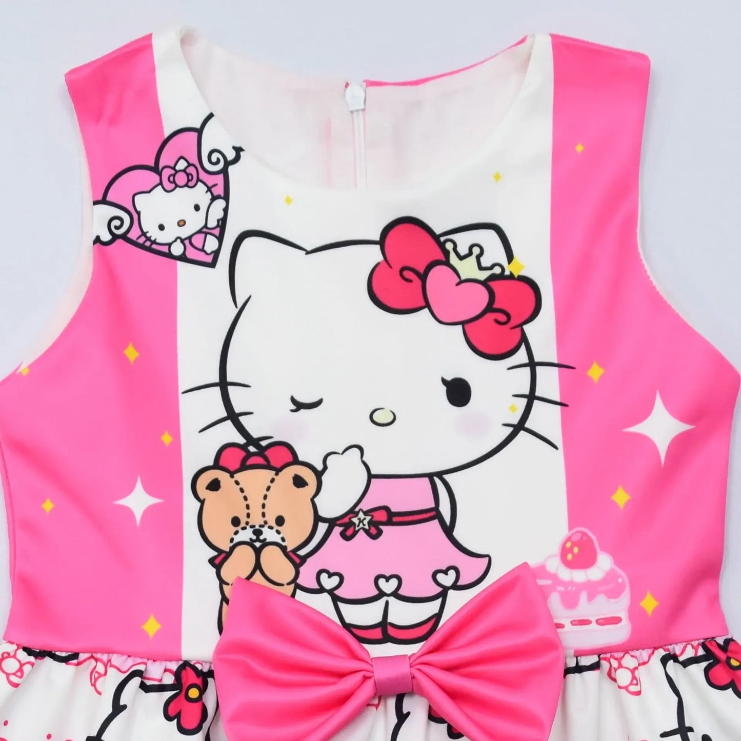 Hello Kitty Cartoon Printed Net Yarn Short-Sleeved Pleated Dress for Girls Birthday Party Princess Costume Children's Prom Dress