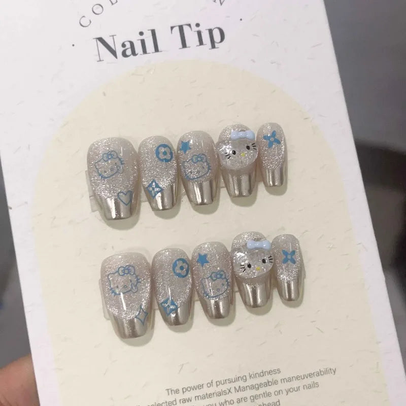 Original Handmade Mirror Hello Kitty y2k press on nails Playful silvery fake nails cute Sanrio cartoon Anime false nails