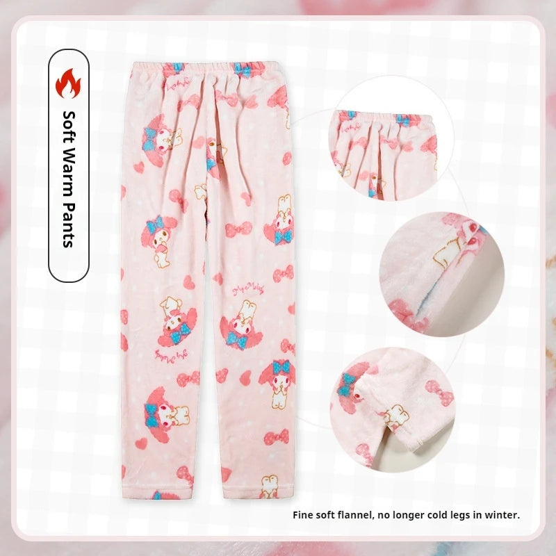 Miniso Hello Kitty Kuromi Sleeper Pants With Flannel Thick Fleece For Warmth Casual Cute Cartoon Pattern Girl Christmas Clothing