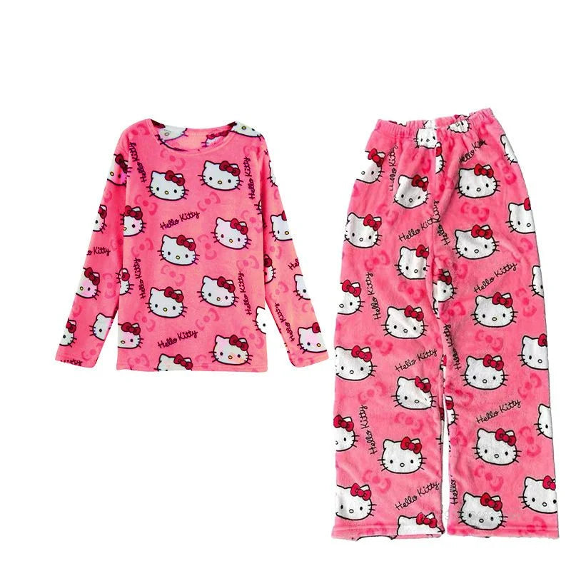 Sanrio Hello Kitty Women Autumn Winter Pajamas Thickened Flannel New Cartoon Home Suit Set Japanese Style Casual Trend Sleepwear