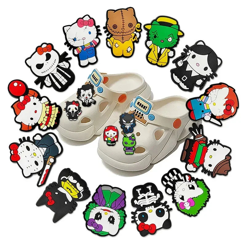 18pcs Halloween Hello Kitty Shoe Charms PVC Shoes Accessories Decorations Buckle for Clog Sandal Kids Party Xmas Gifts