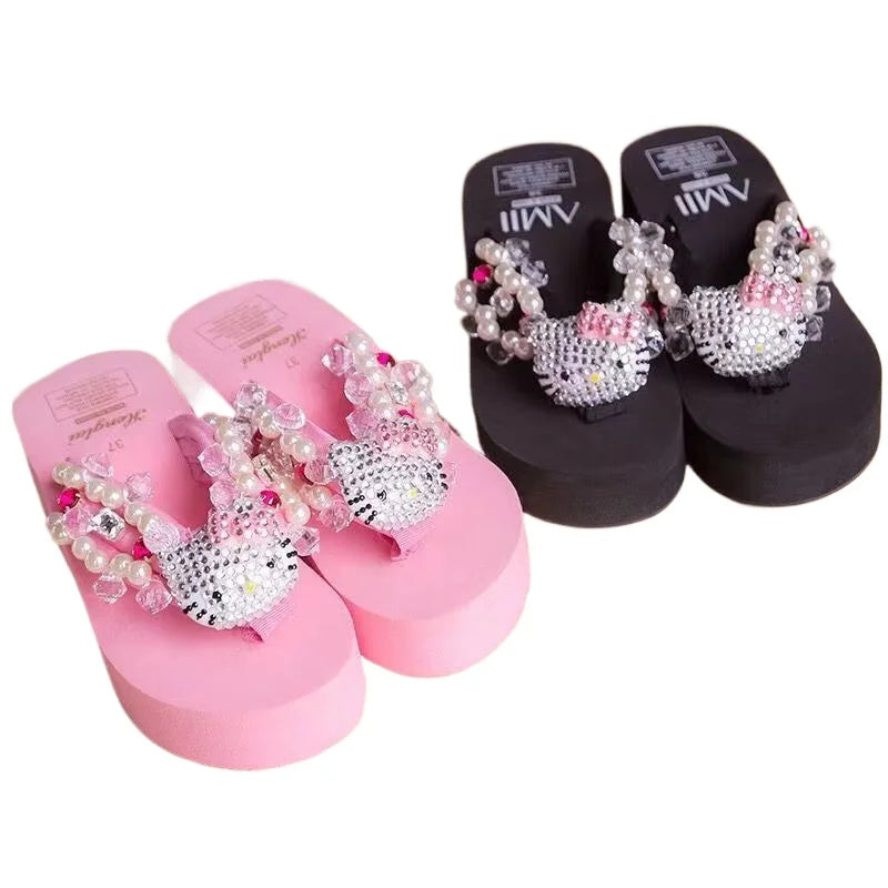 Kawaii Hello Kitty Soft Flip Flop Sandals Beach Slides Shoes Women Casual Wedge High Heels Platform Slippers Ladies