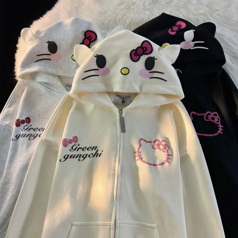 Cute Hello Kitty Cardigan Coat Female Loose Student Oversized Hoodie Gothic Zip Up Hoodie Kawaii Clothes Y2k Sweatshirts