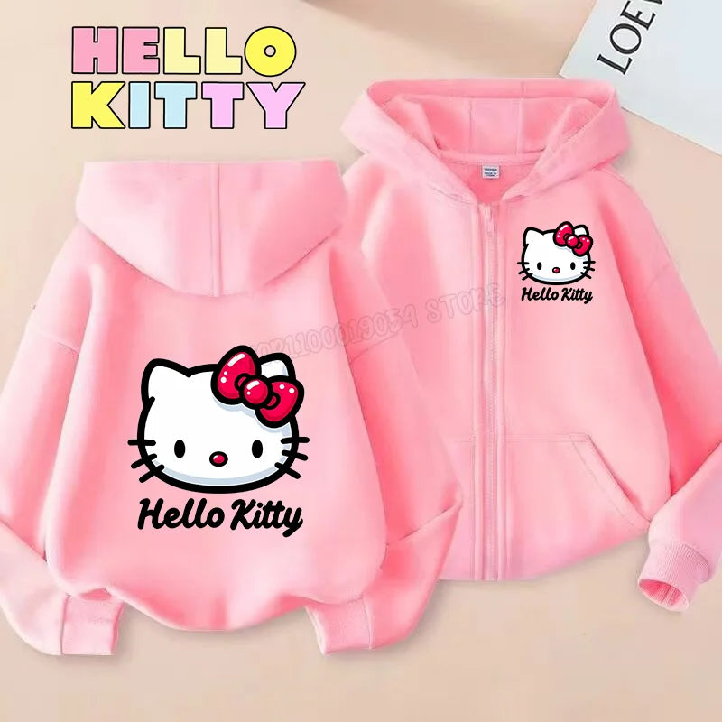 Hello Kitty Zipper Hoodies Girls Sweatshirt Autumn and Winter Long Sleeve Harajuku Pullovers Casual Hooded Tops Birthday Gift