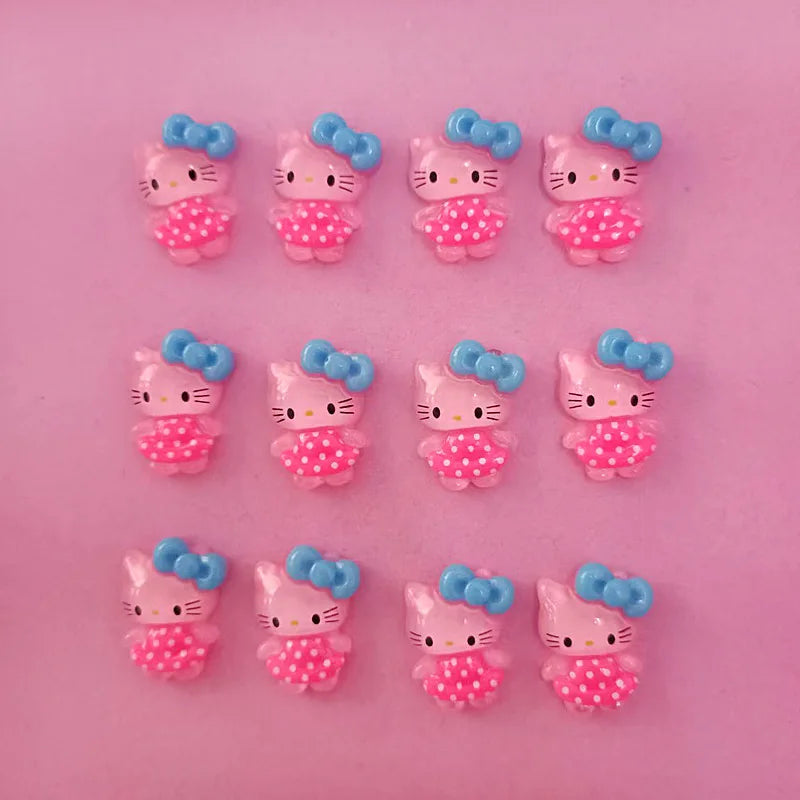 10Pcs Pink Bow Transparent Hello Kitty Nail Charms Accessories Cartoon Resin Flatback DIY Jewelry Decoration