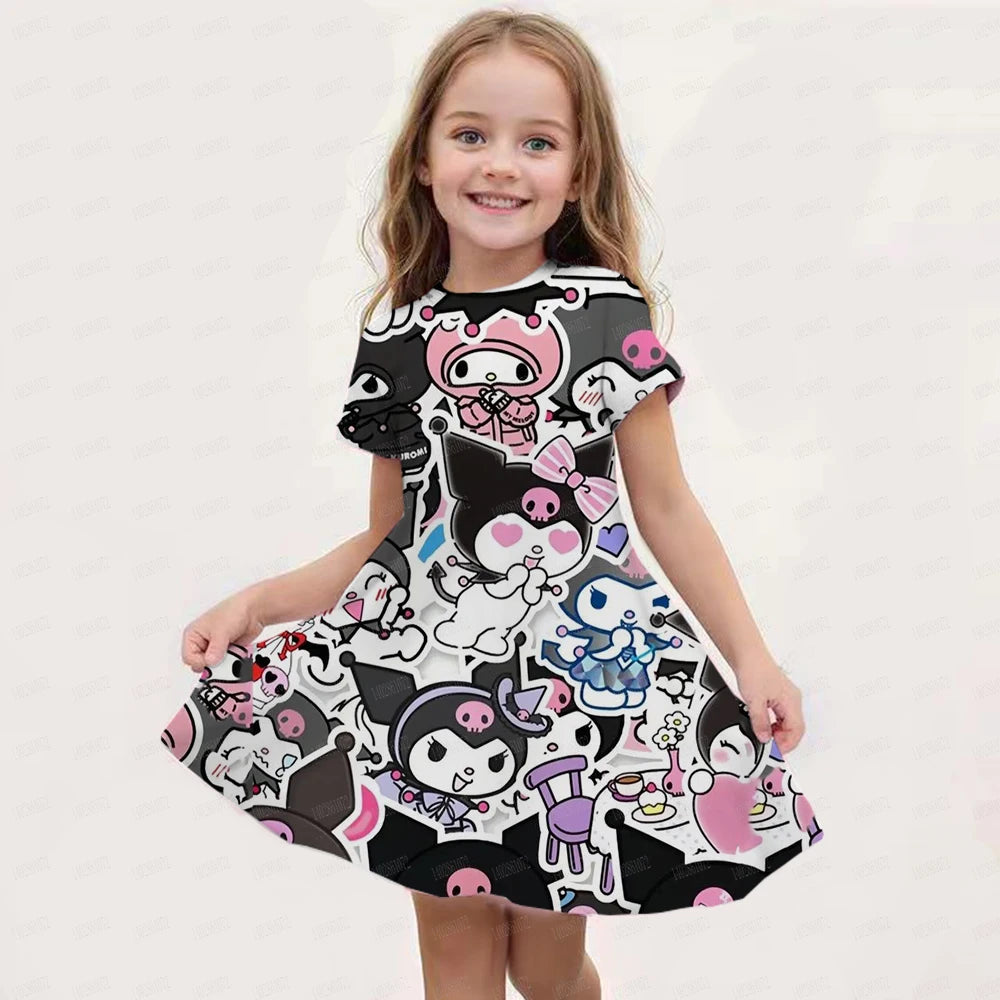 Hello kitty Kuromi Summer Dress Girl Dresses Children Dresses Miniso Cosplay 3d Cartoon Print Cute 2024 Girl Clothing Vestidos