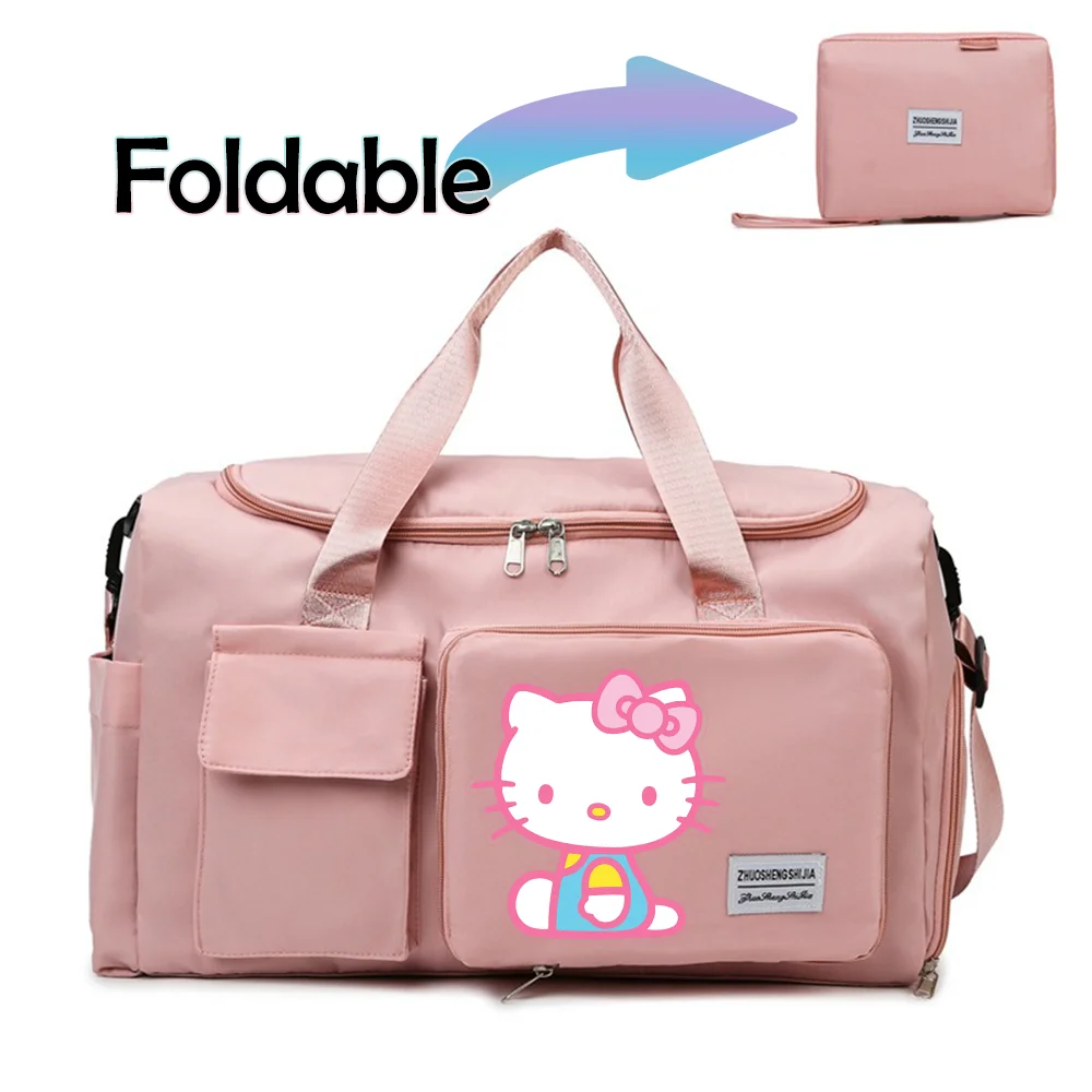 Hello Kitty Cartoon Travel Bag Large Capacity Storage Shoulder Bags Gym Duffle Pack with Shoe Compartment Portable HandBag