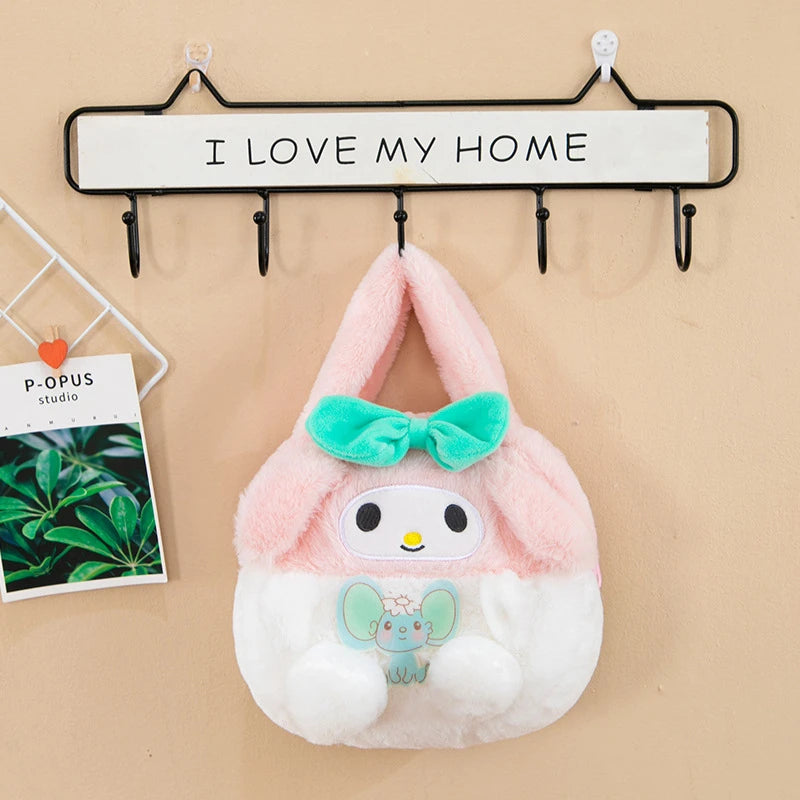 Kawaii Kuromi Cinnamoroll Hello Kitty My Melody Soft Plush Tote Bag Anime Pompom Purin Pochacco Handbag Storage Bag Girls